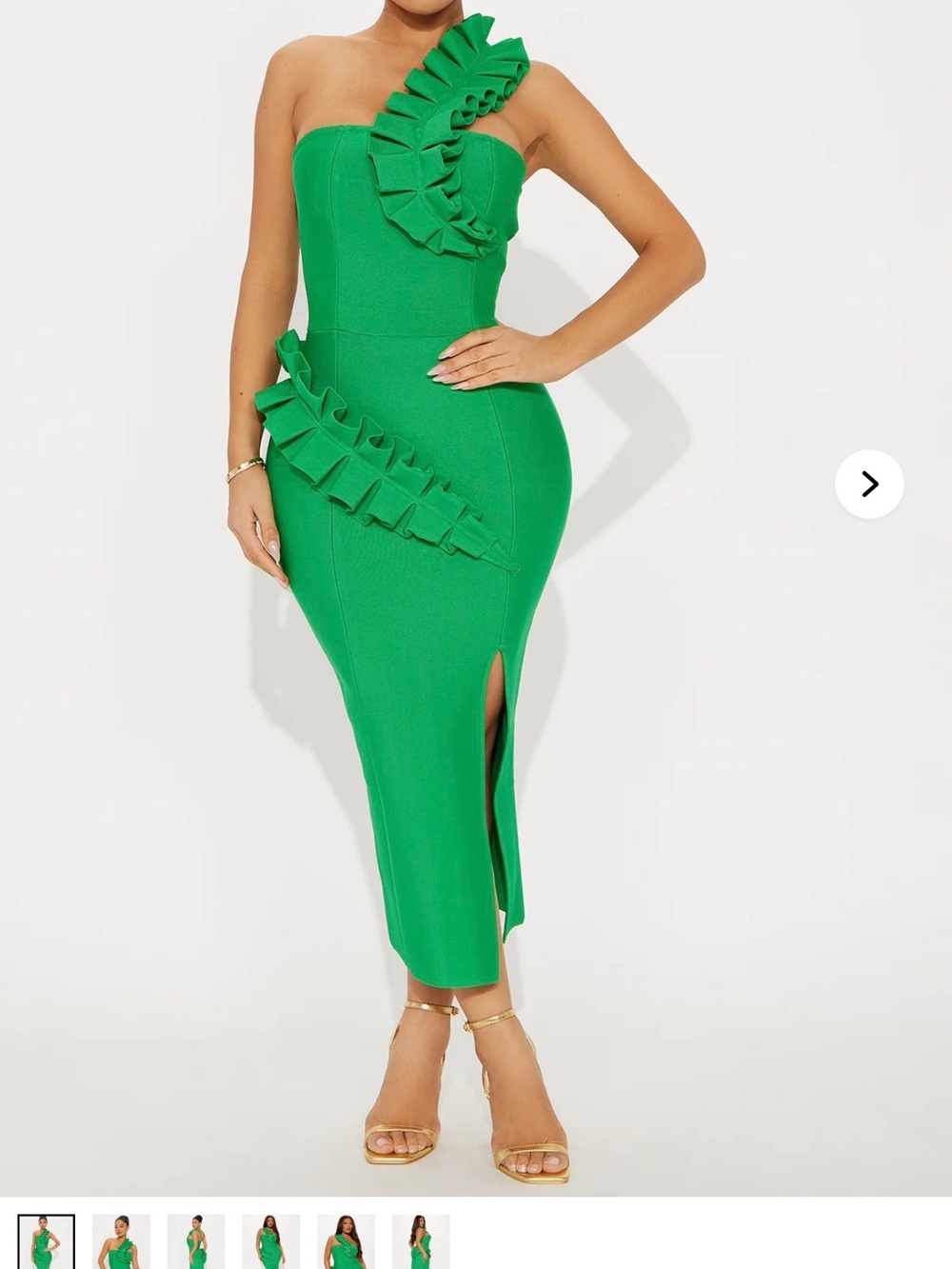 Fashion Nova One-Shoulder Green Ruffle Midi Dress